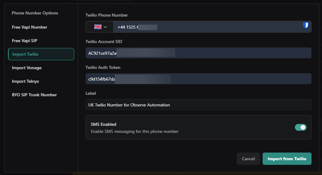Importing the Twilio number into VAPI