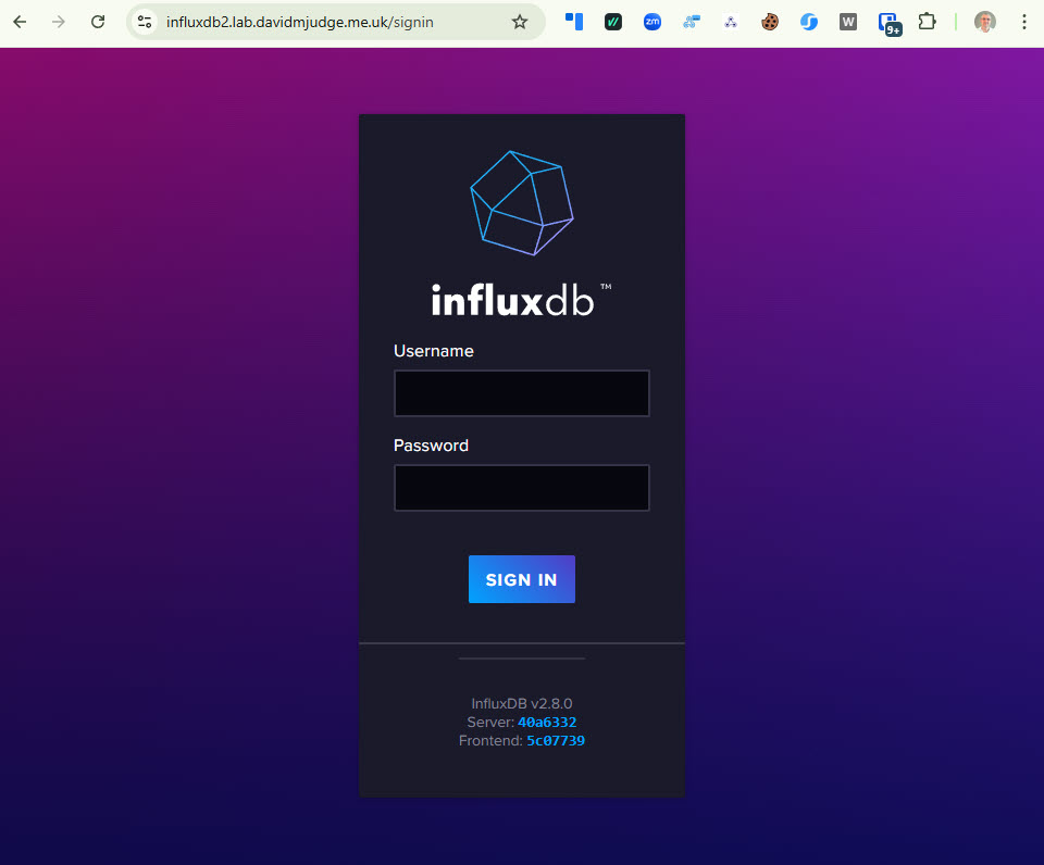 InfluxDB2 Login screen