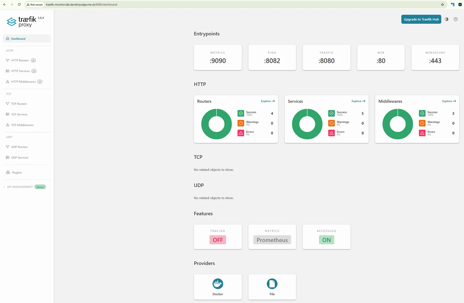 Traefik 3.6.4 dashboard on first boot at traefik-monitor.lab.davidmjudge.me.uk:8080. All five configured entrypoints registered (metrics, ping, traefik, web, websecure). Both Docker and File providers connected. The four routers, five services, and three middlewares visible are Traefik&rsquo;s own internal definitions, not user workloads.