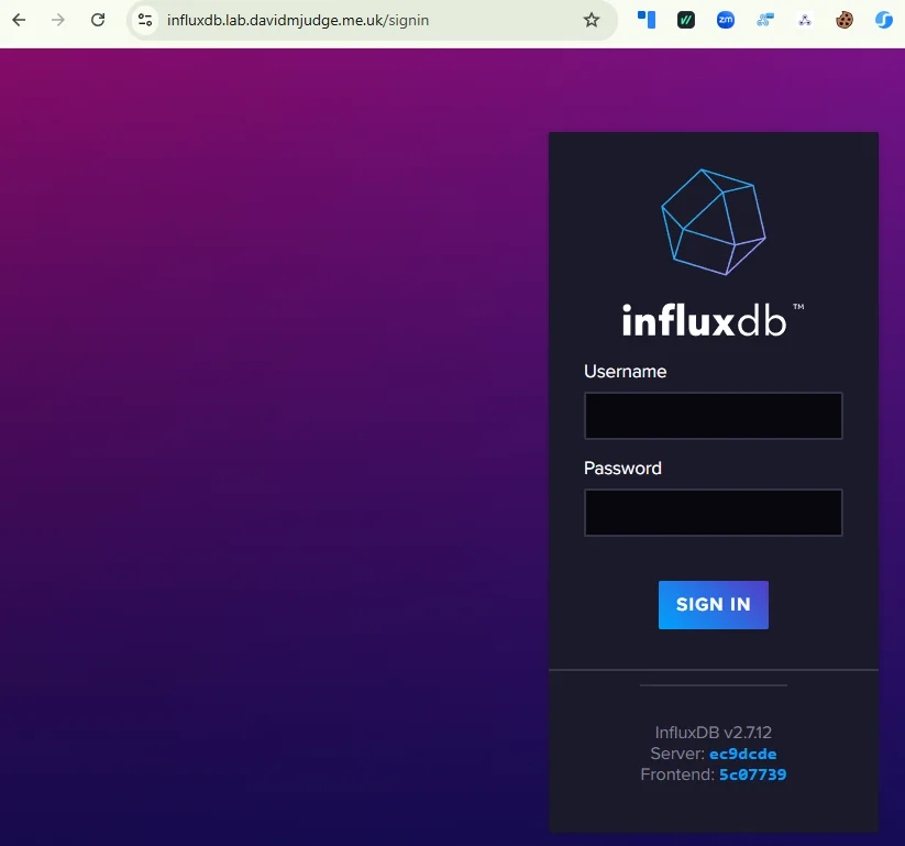 InfluxDB v2.7.12 sign-in screen at influxdb.lab.davidmjudge.me.uk/signin, served over HTTPS with a Let&rsquo;s Encrypt cert via the Cloudflare DNS challenge.