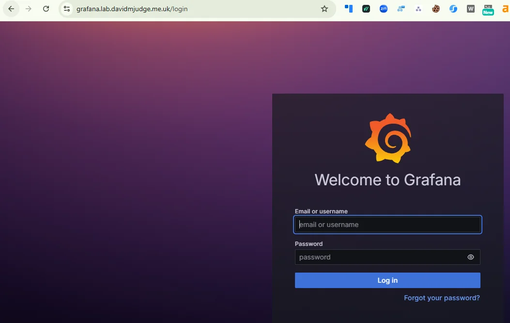 Grafana sign-in screen at grafana.lab.davidmjudge.me.uk, served over HTTPS with a real Let&rsquo;s Encrypt cert.