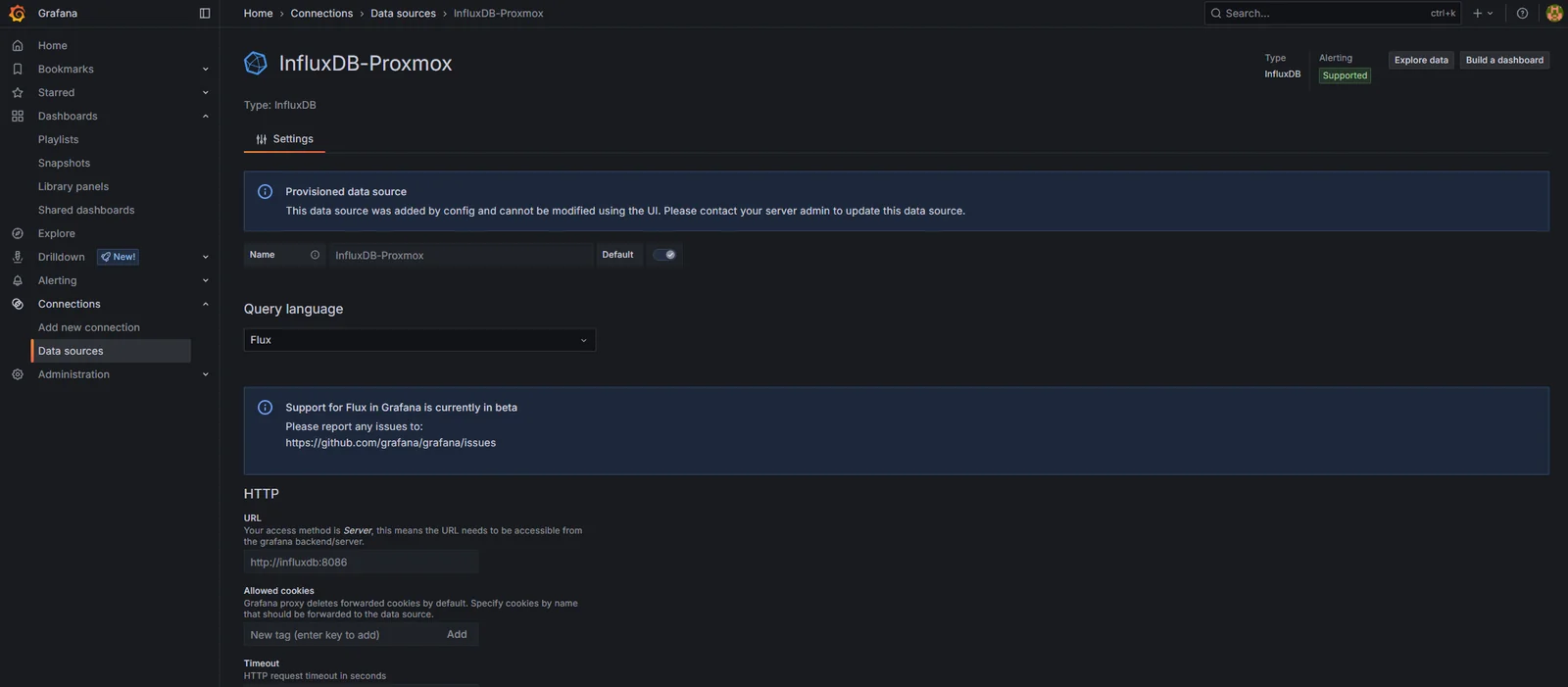 Grafana Connections > Data sources page showing InfluxDB-Proxmox provisioned and locked, with Save & Test returning &ldquo;datasource is working&rdquo;.