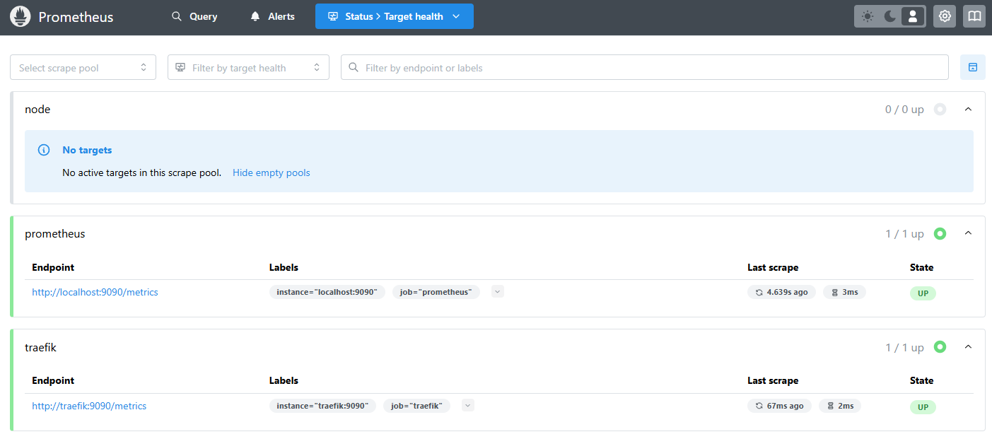 Prometheus Status > Targets page: prometheus and traefik jobs both UP with recent scrape timestamps; the node job is present with zero targets, which is the expected state until node_exporter is rolled out.