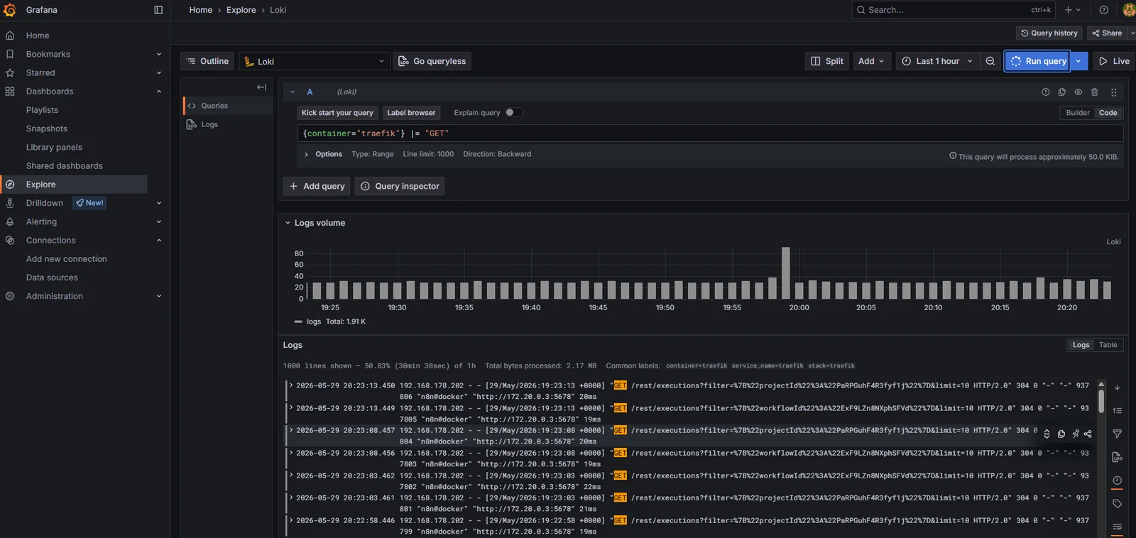 Grafana Explore running {container=&ldquo;traefik&rdquo;} |= &ldquo;GET&rdquo; against Loki: log lines showing routed GET requests with response codes, durations, and router names.