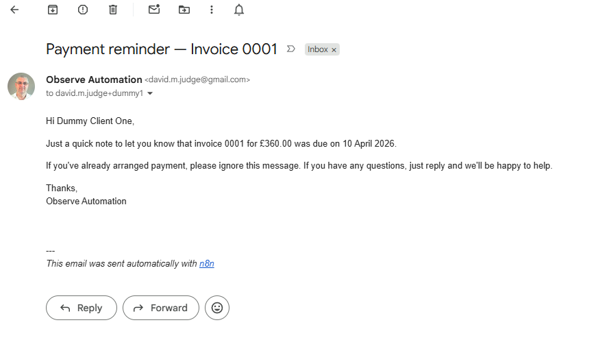 Example Stage 1 reminder email as received in Gmail